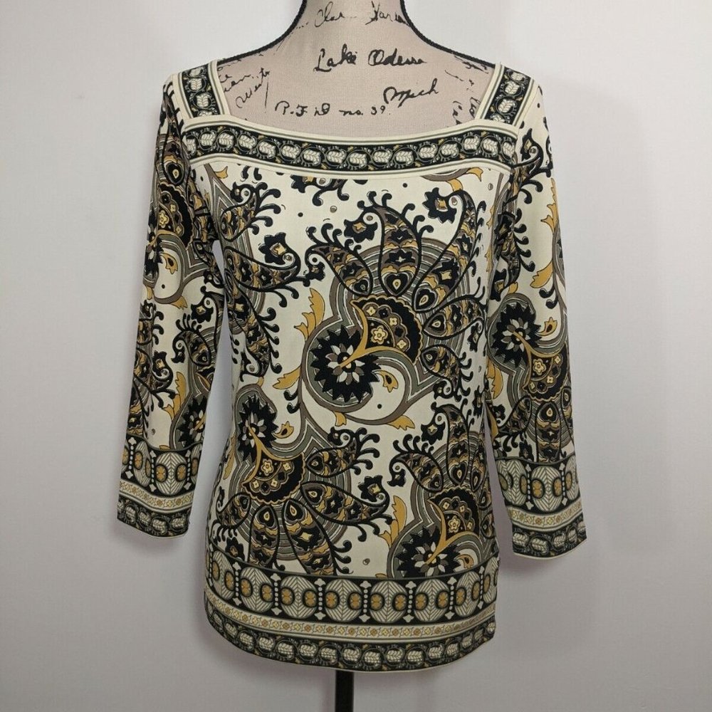 Michael Kors Boho Square Neck 3/4 Sleeve Paisley Stretch Multicolor Size XS